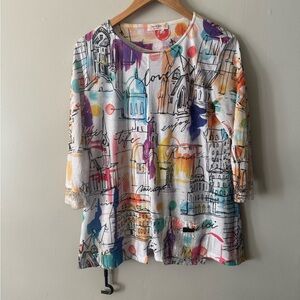 Vintage Y2K Jess & Jane Rome Europe Watercolor Shirt size Small 3/4 Sleeve